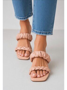 Nude PU Square Toe Sandals With Braided Strap & Padded